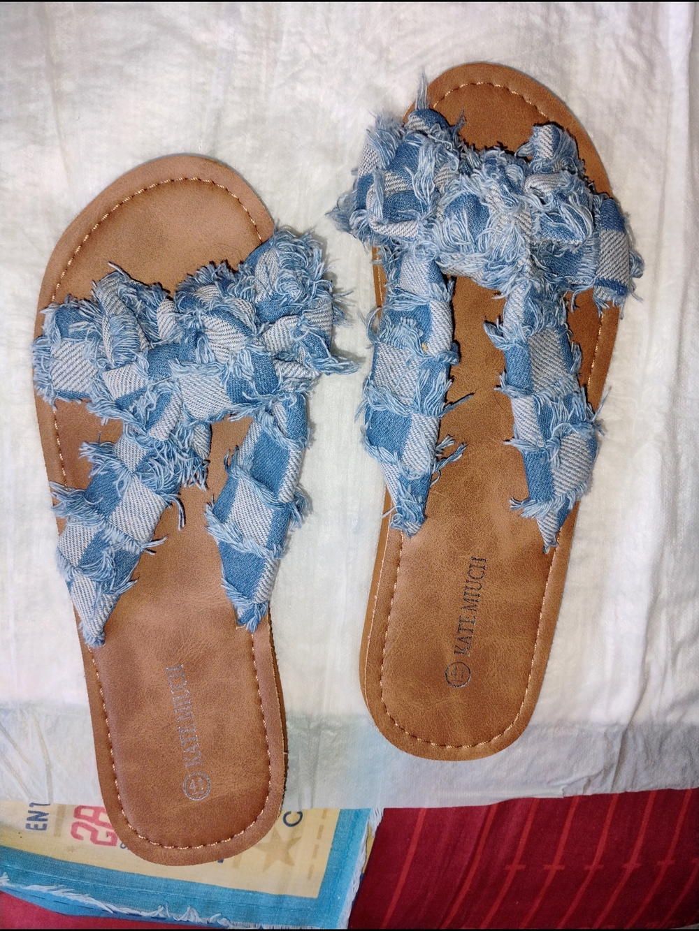Frayed Light Blue Denim Slide Sandals with Tan Footbed